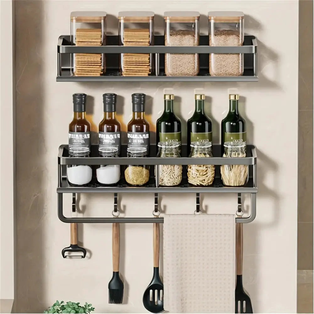 Multi-Functional storage rack with rod, gray metal wall-mounted for seasoning bottles, jars, and utensils