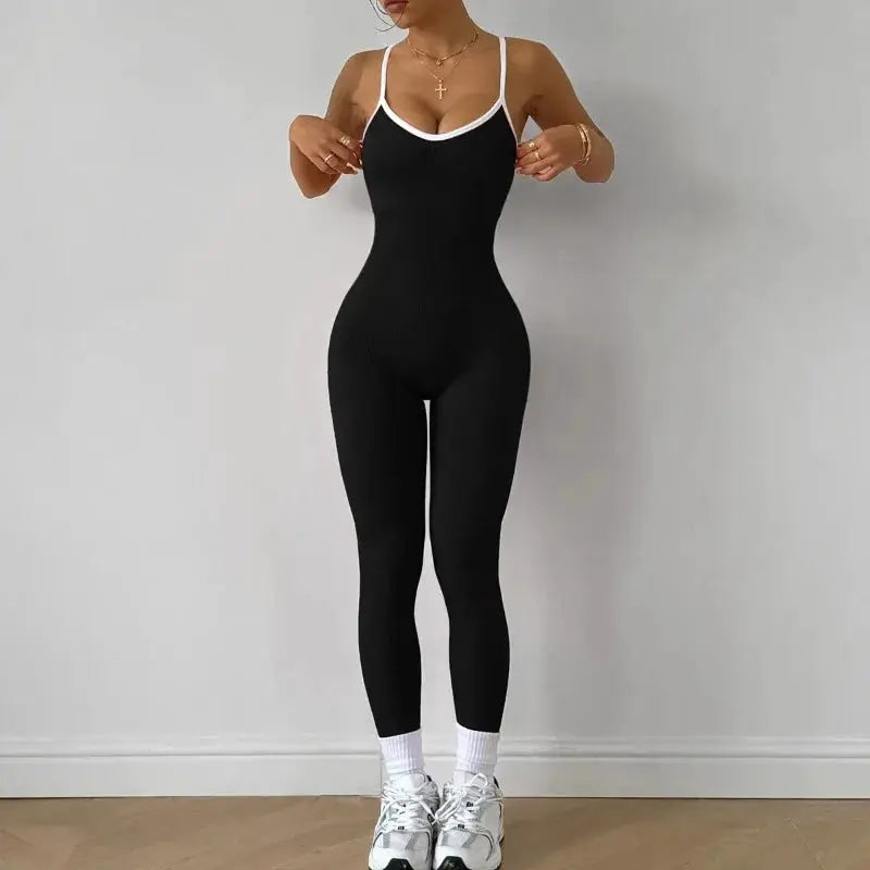 Women's seamless ribbed black jumpsuit with white trim neckline for gym workouts by Simples Market