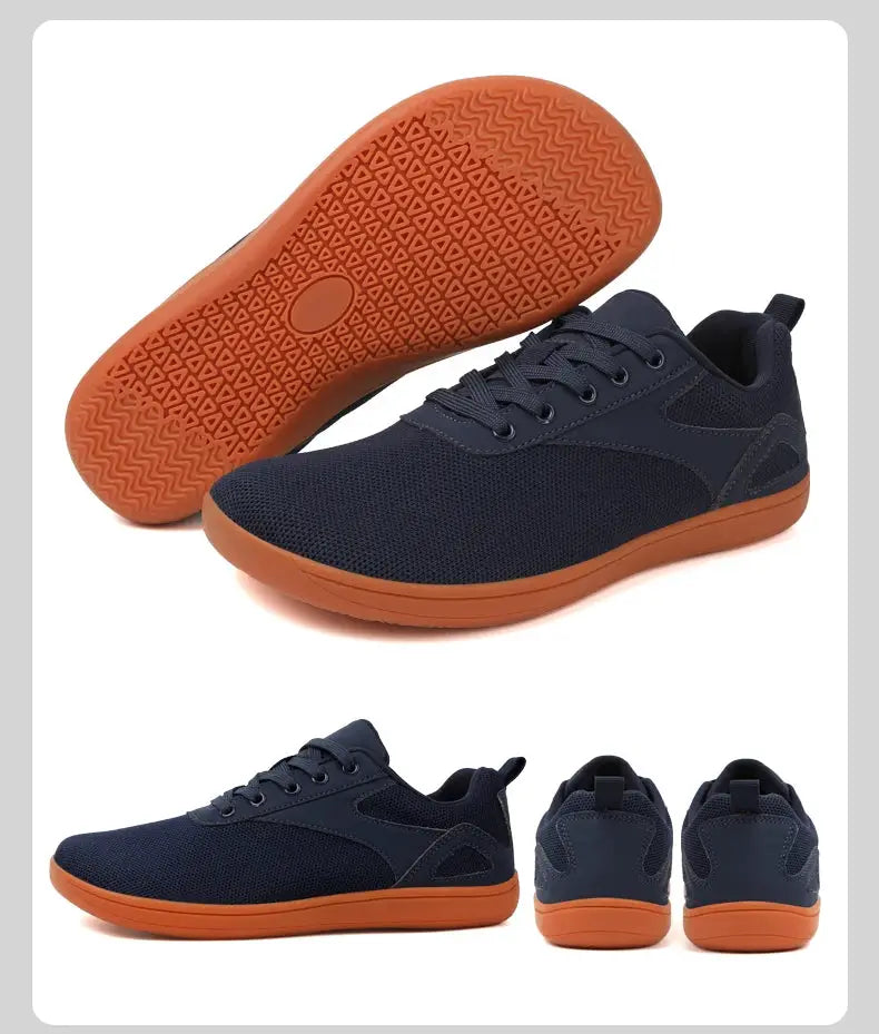 Wide-toed shoes by Simples Market, navy mesh upper with orange sole, casual sports walking pair, 2 shoes