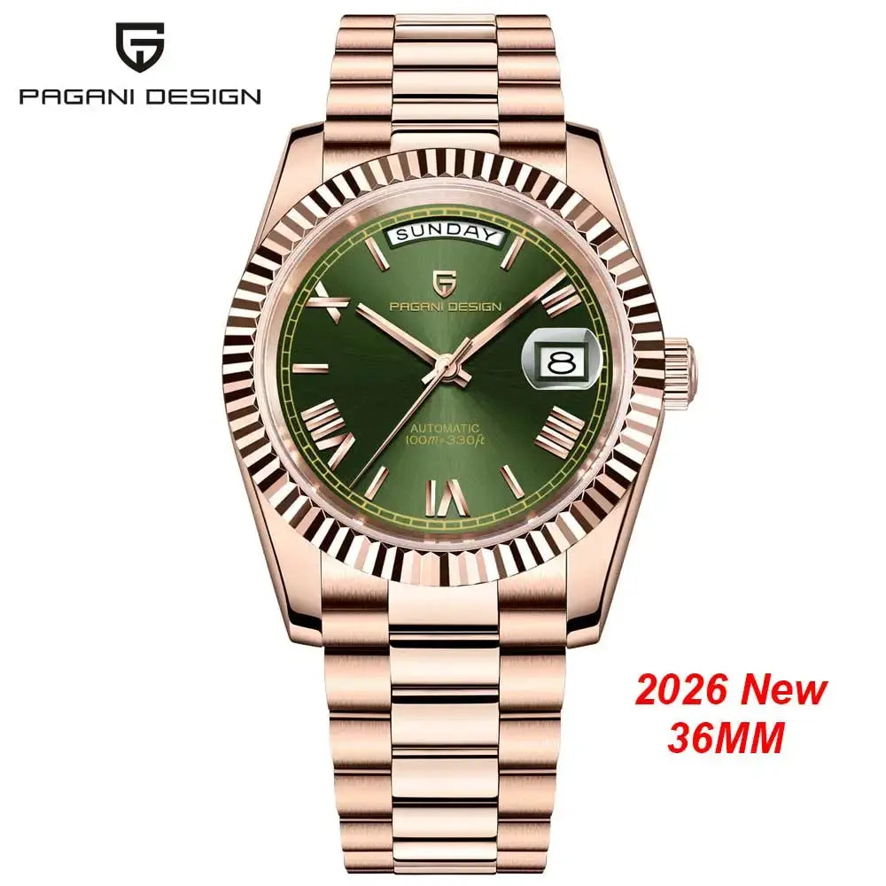 Pagani Design men's luxury watch with rose-gold bracelet, green dial and day/date display