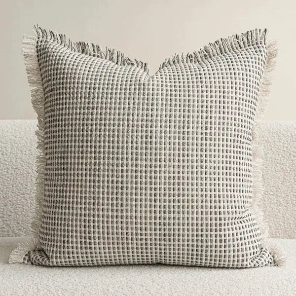 Simples Market decorative pillow cover, ivory with textured grid weave and fringed edges for sofa or chair