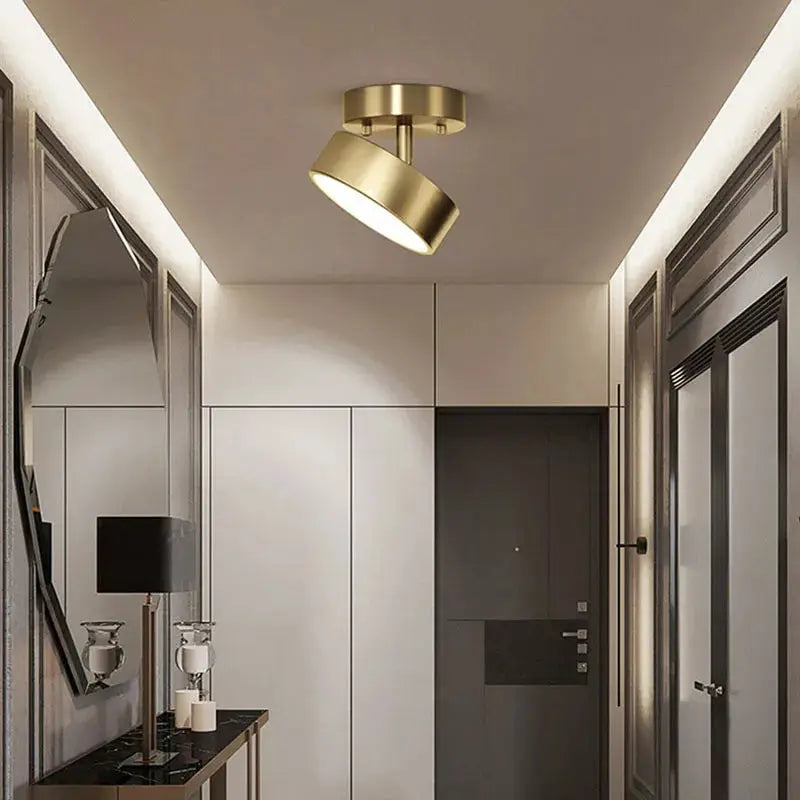 Modern LED ceiling light fixture in round copper/gold finish for bedroom, living room, or hallway.