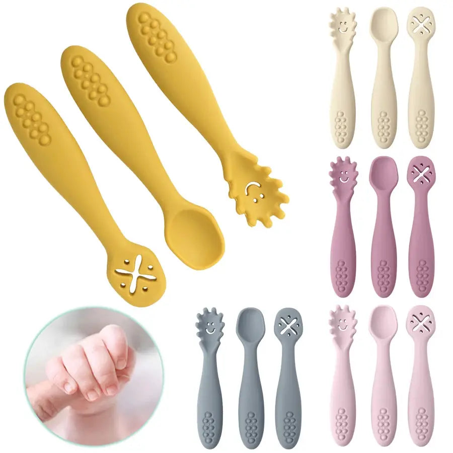 3 Piece Silicone Spoon and Fork Baby Utensils Set for Feeding Learn to Eat Training Soft Cutlery Children Tableware