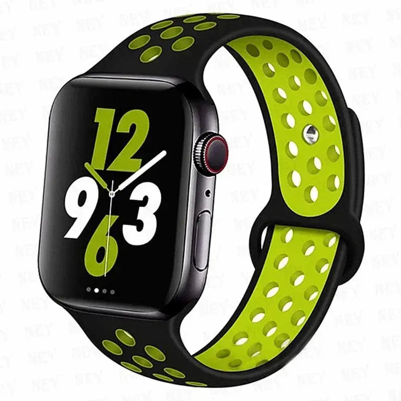 Simples Market silicone sport strap for Apple Watch; lime green perforated band with black exterior, fits 38–45mm