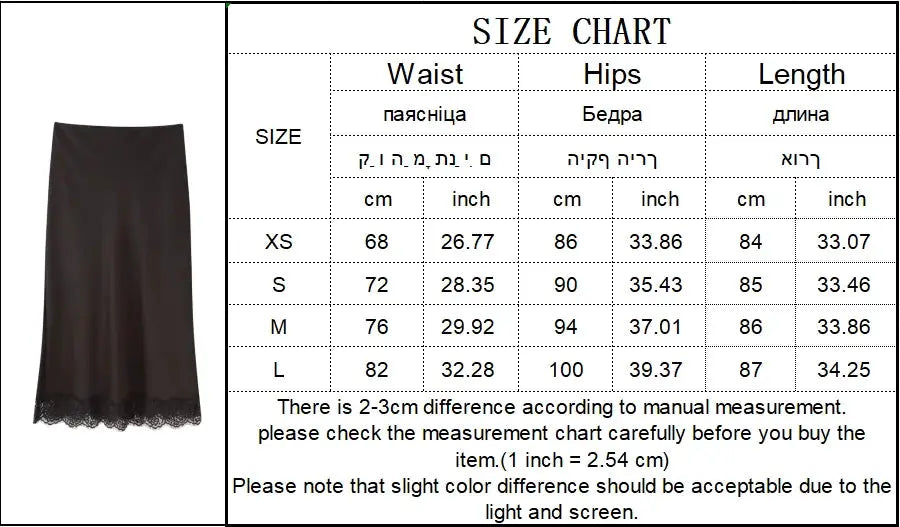 TFMLN Elegant Lace Splice Satin Half Skirt; wrap-around long dark satin with lace hem, size chart included.