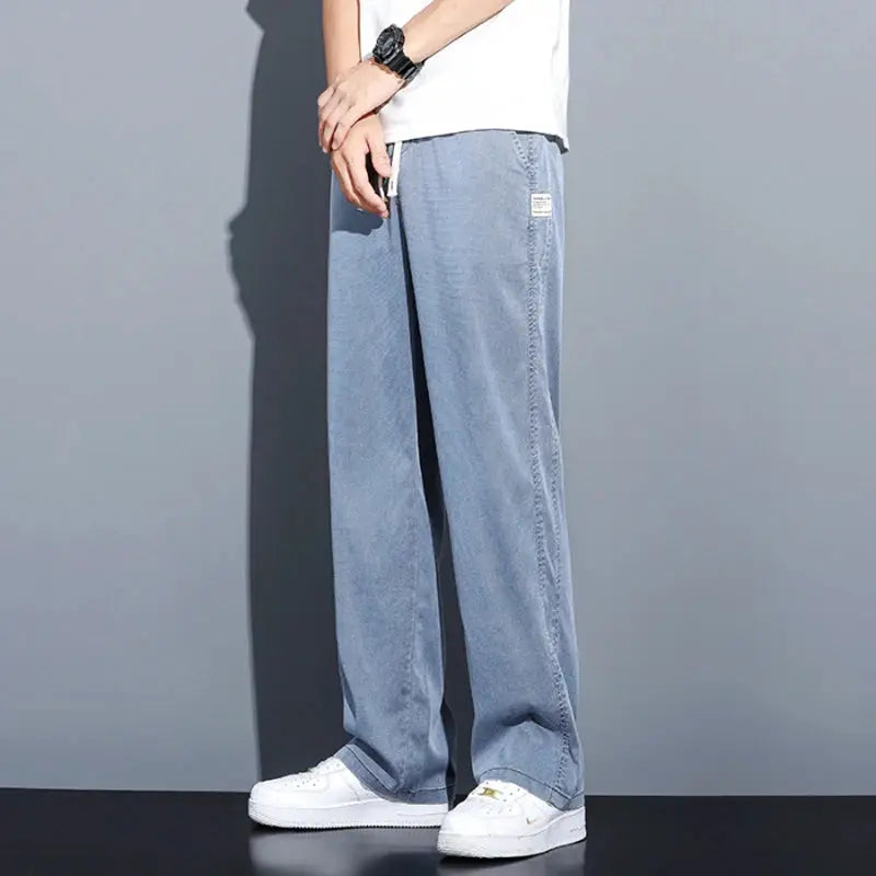 Men's light blue lyocell jeans with drawstring elastic waist, loose straight fit Simples Market