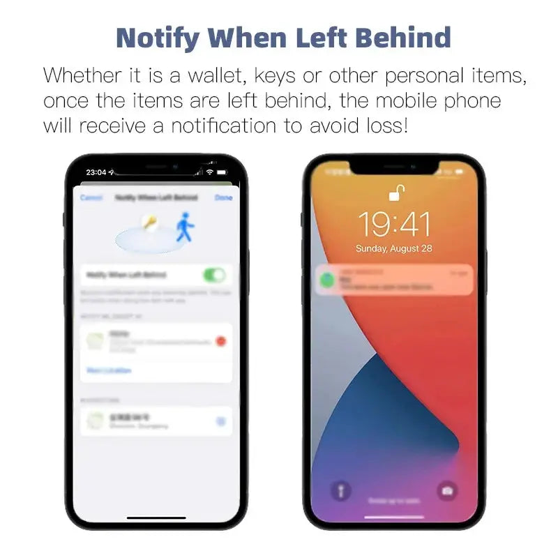 Bluetooth mini tracking device for Apple Find My by Simples Market; iPhone screens show left-behind alerts.