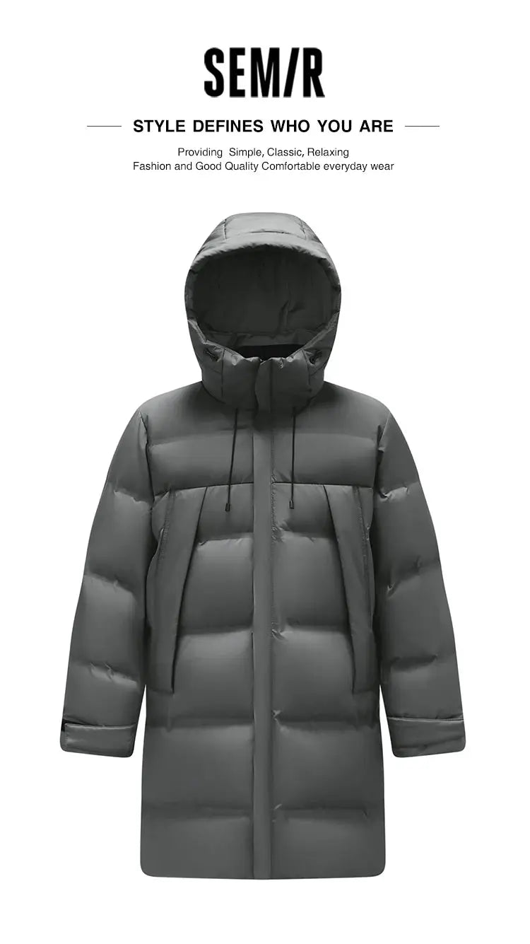 SEM/R men's long grey down jacket with hood, puffer style and front pockets
