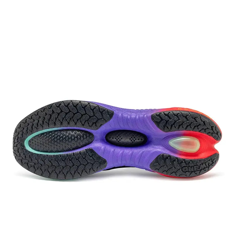 ONEMIX running shoe sole in purple with black outsole, teal trim and red heel