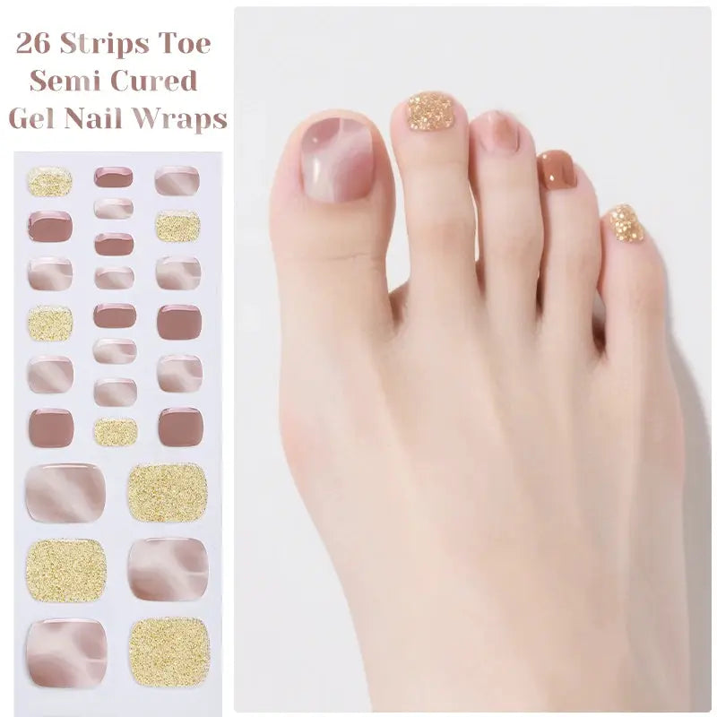 Simples Market Gradient Auroras toe gel nail strips set, 26 semi-cured nude pink and gold glitter wraps