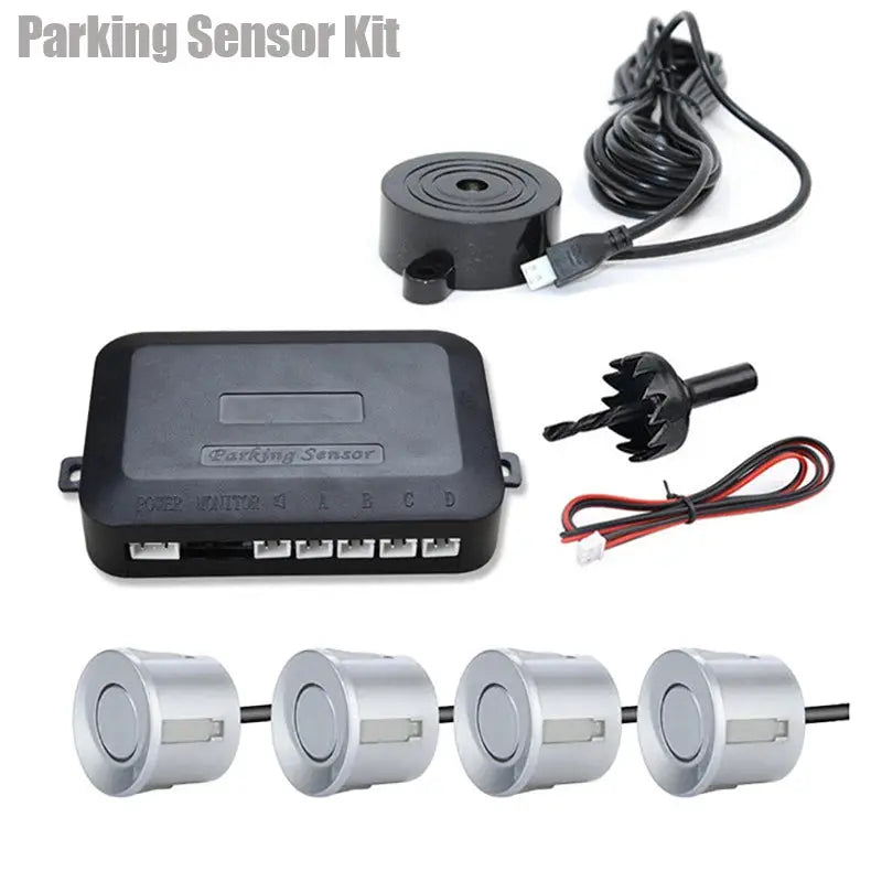 Risingon 12V 4-sensor car parking sensor kit by Simples Market with black control unit, 4 silver sensors and buzzer