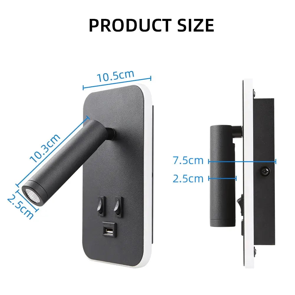 Simples Market Chargeable USB Port Wall Lamp with rotatable head, black bedside LED wall sconce