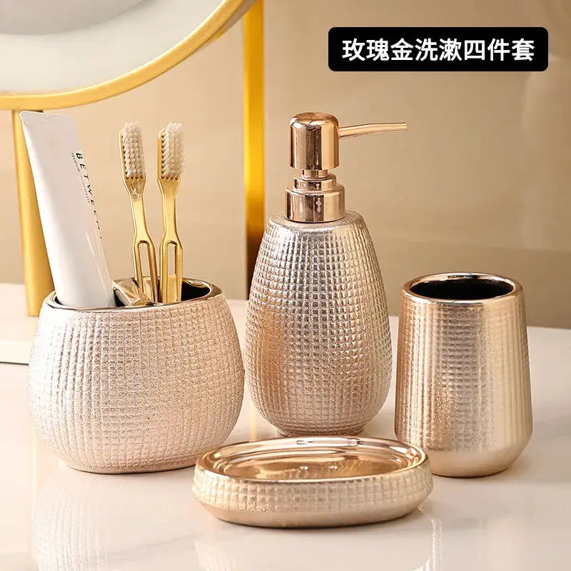 Simples Market rose-gold ceramic bathroom accessories set, 4 pieces: toothbrush holder, soap dispenser, cup, soap dish