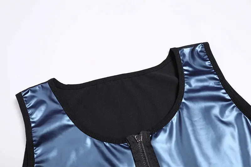 Men abdomen reducer body shaper sauna vest in blue satin with black trim and front zipper