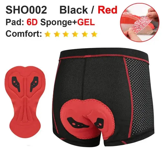 Men's cycling shorts with 5D gel pad, black with red trim, breathable mesh fabric