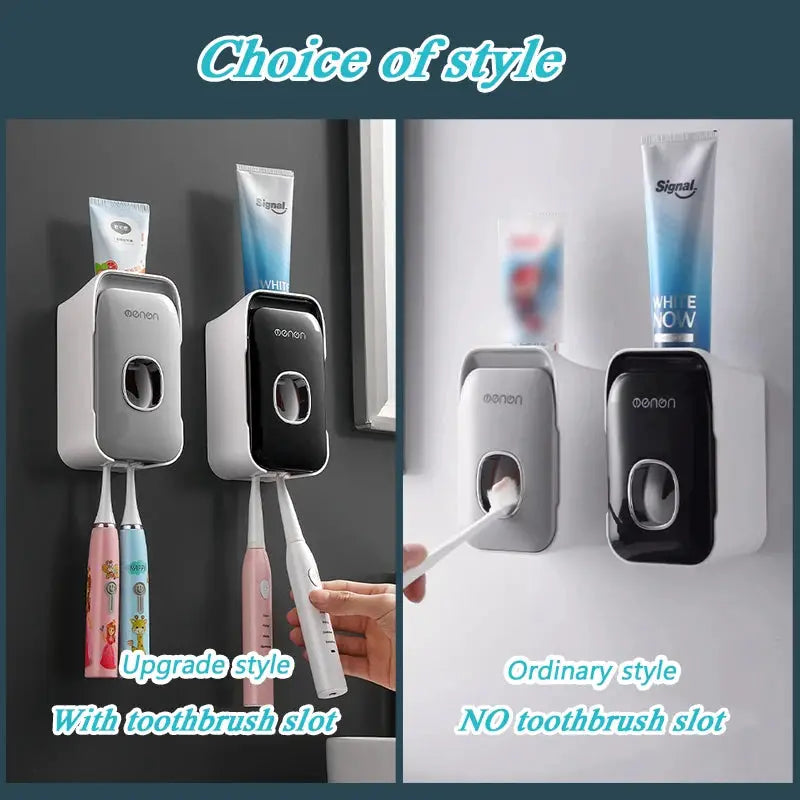 Wall-mounted toothpaste dispenser and toothbrush holder; upgrade style with slots in white and black