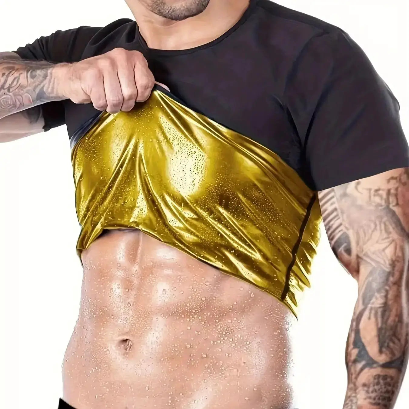 Pop Closets sauna shirt for men; gold metallic compression top over black short-sleeve tee, by Simples Market