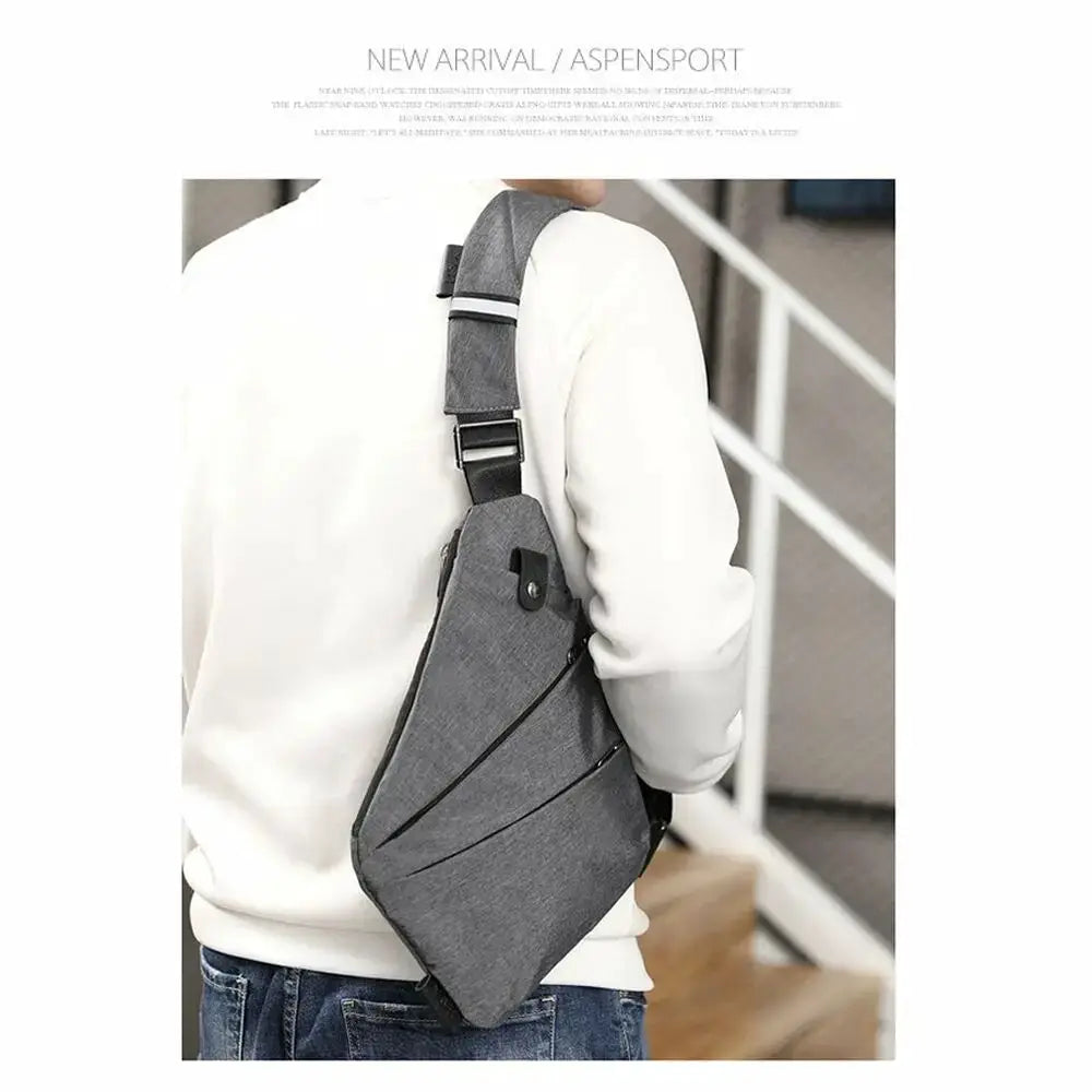 Gray multifunction chest bag for men; anti-theft crossbody messenger bag with front pockets, waterproof fabric.