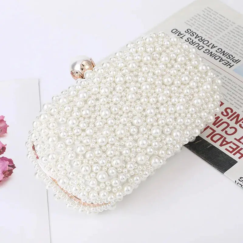Pearl-beaded evening bag, white handheld clutch for weddings and formal events