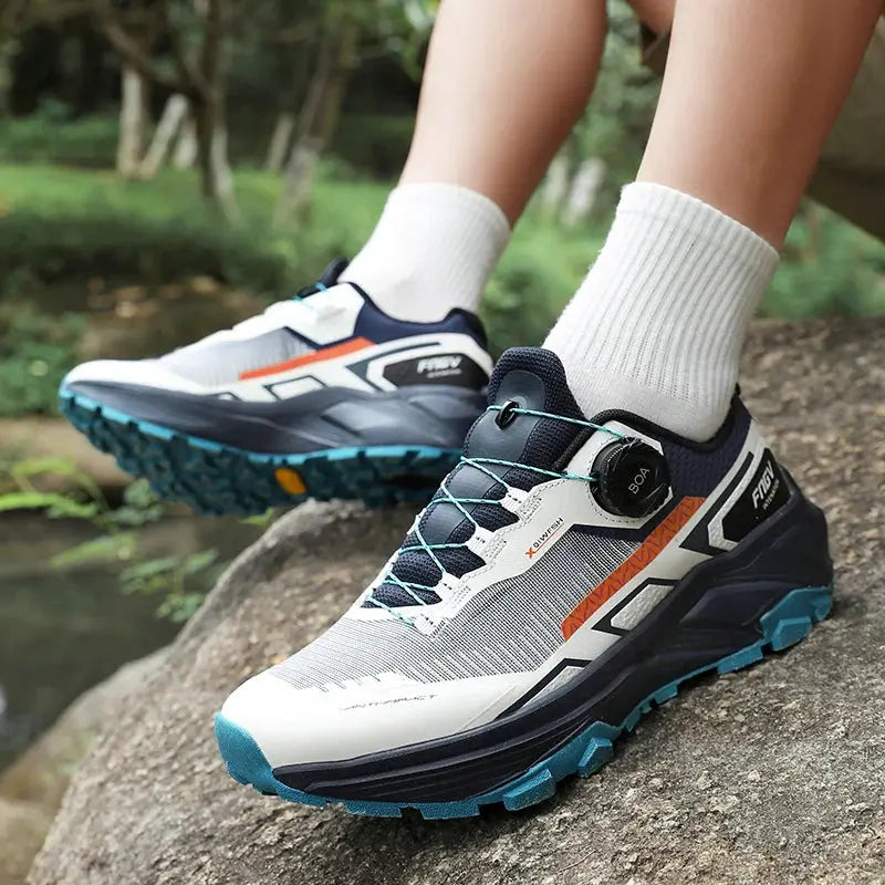 Men's breathable casual sneakers by Simples Market, white with blue and orange accents and teal outsole