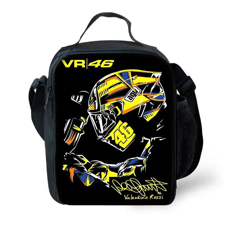 Kids' school backpack with VR46 Valentino Rossi helmet graphic, black with yellow accents and side mesh pocket