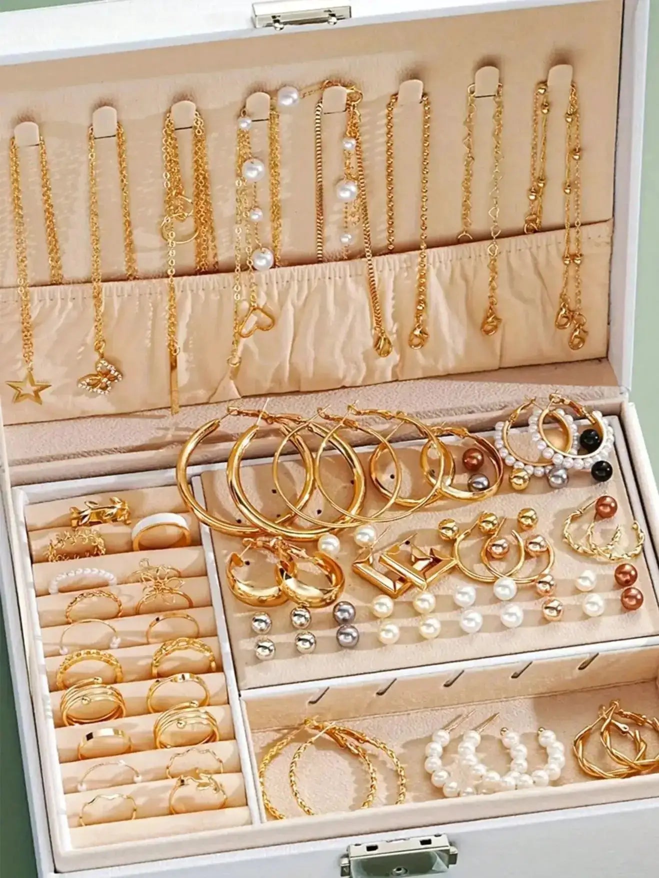 86 Piece Set Elegant Pearl Earrings Multi Layered Necklace Ear Studs Rings 4 In 1 Jewelry Set For Women Daily Wear Gift
