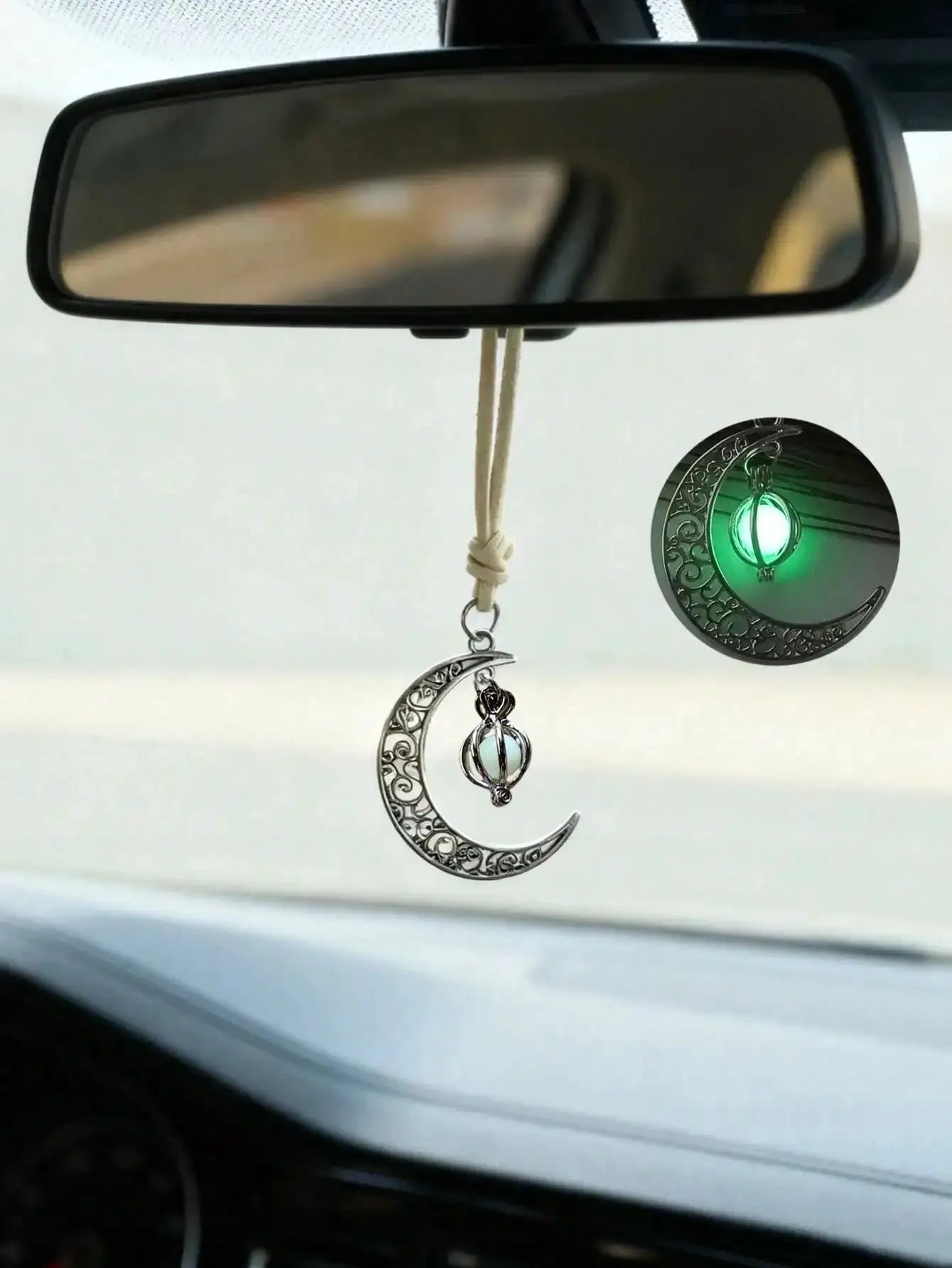 Luminous moon pendant car ornament with hollow crescent filigree and glowing stone on twine