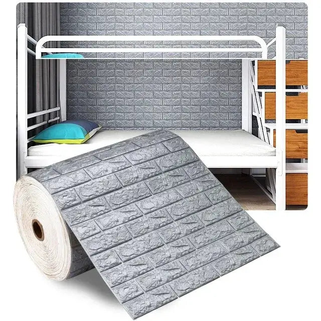 3D foam brick wall panels roll in gray, self-adhesive waterproof wallpaper for living room decor by Simples Market