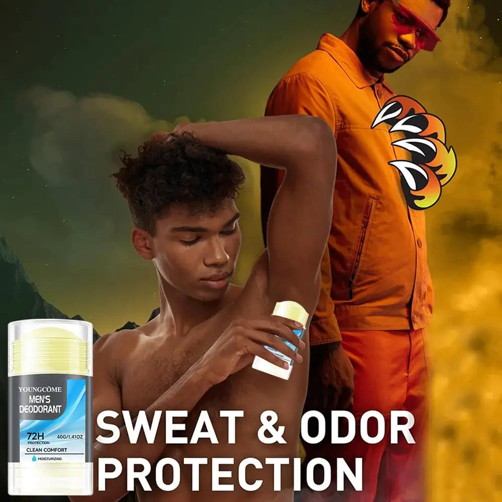 Simples Market men's deodorant stick for sweat and odor protection; white bottle with blue label and yellow cap