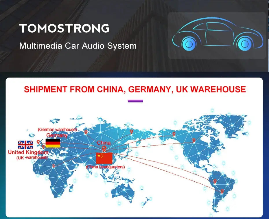 Tomostrong multimedia car audio system banner with a worldwide shipment map.