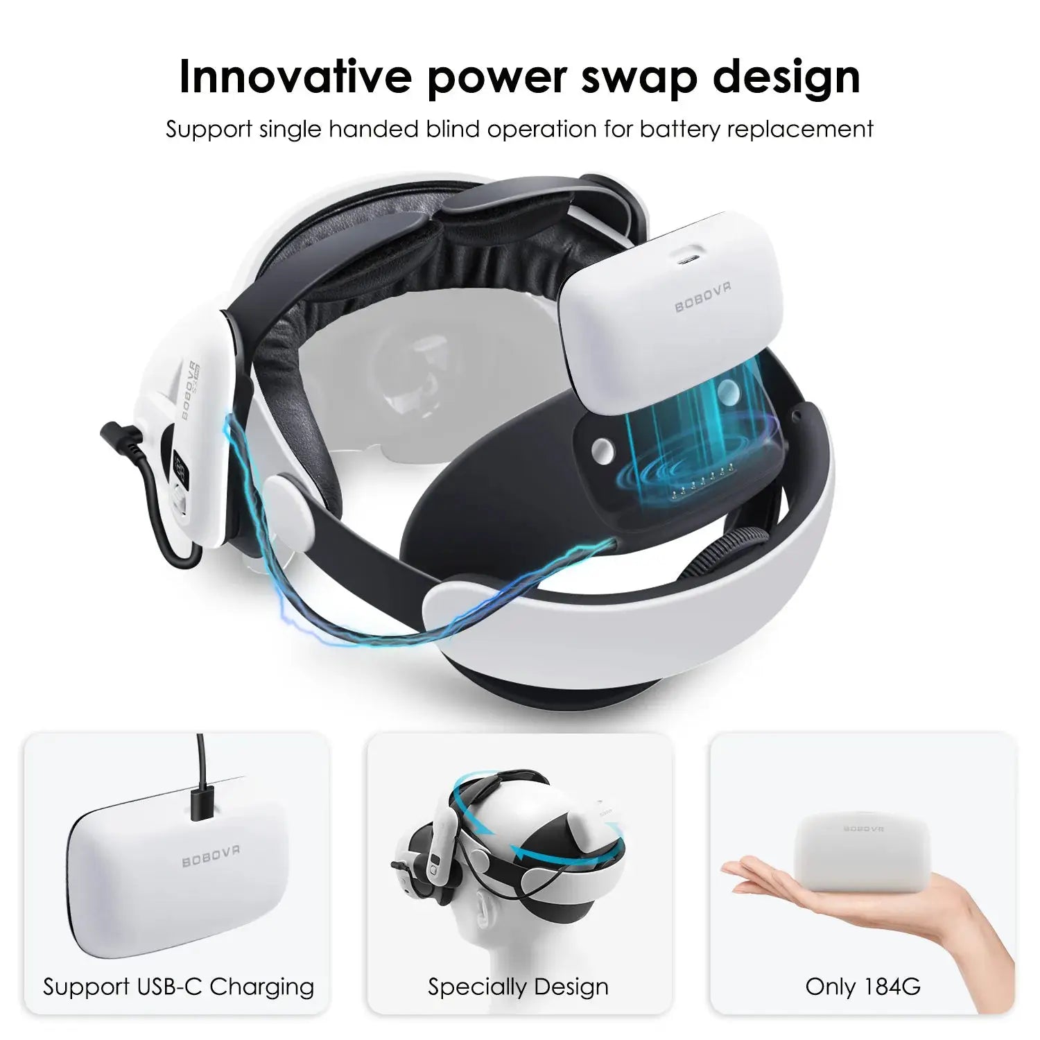 BOBOVR battery head strap for Meta Quest 3 VR headset, white body with black headband, by Simples Market
