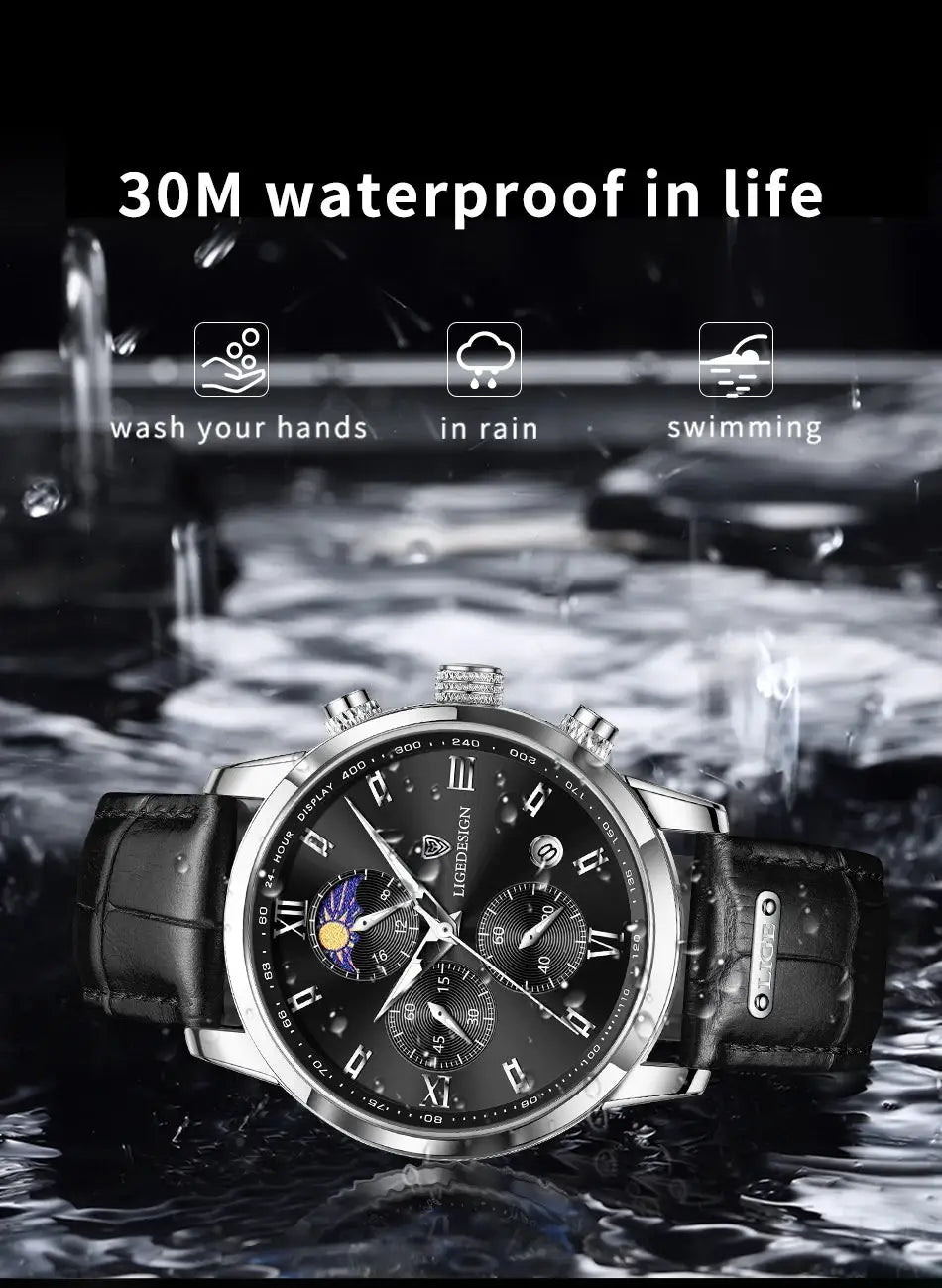 LIGE men's chronograph wristwatch by Simples Market with black dial, silver case and black leather strap
