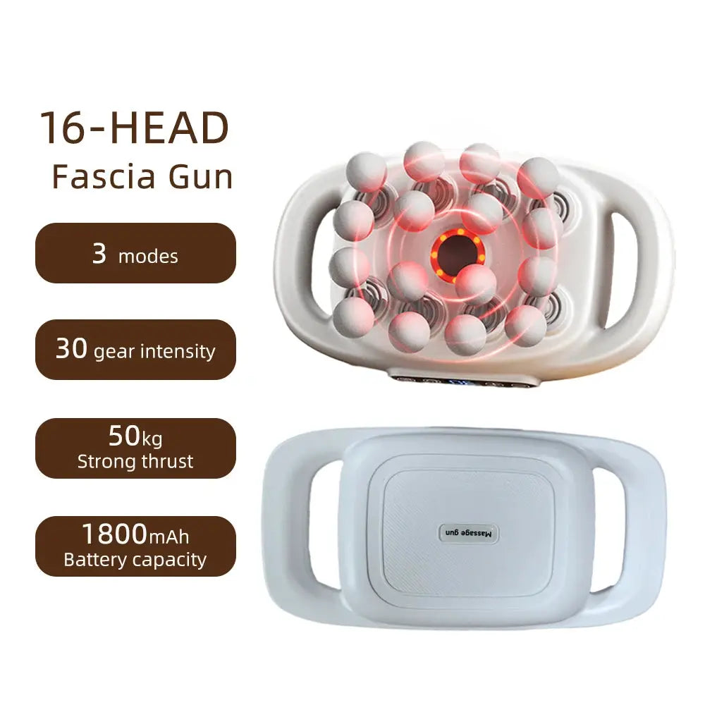 White 16-head fascia massage gun with dual handles and red LED ring.