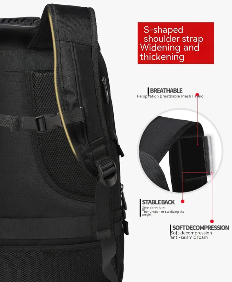 Large black travel backpack by Simples Market with breathable mesh back panel and padded shoulder straps