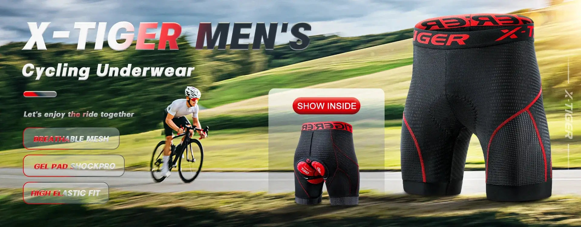 X-TIGER men's cycling shorts, black with red waistband and red piping