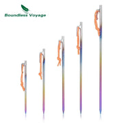 Boundless Voyage 6pc titanium tent stakes with orange cords and rainbow gradient finish