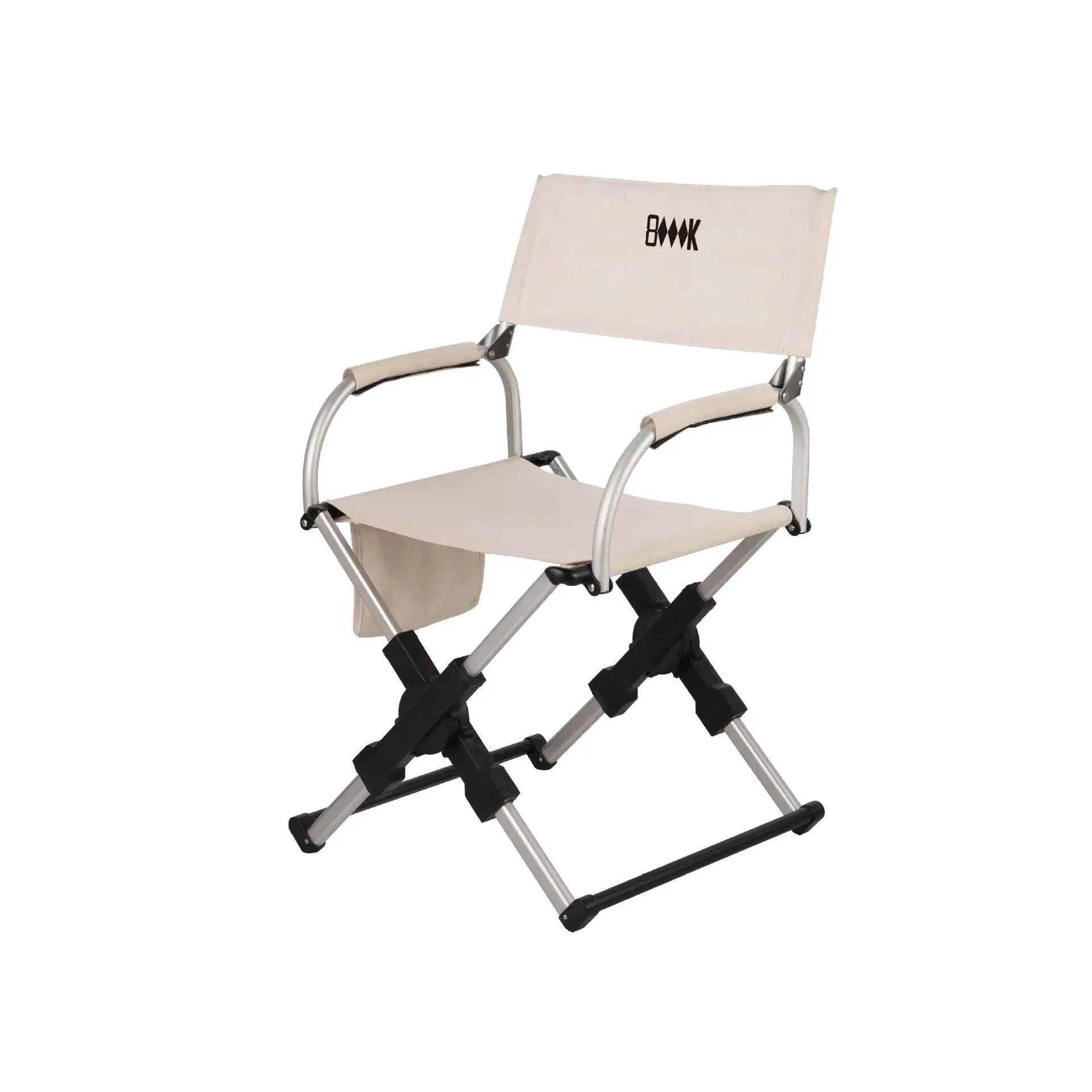 Outdoor foldable director chair with beige fabric seat and backrest, aluminum frame, and black logo on backrest