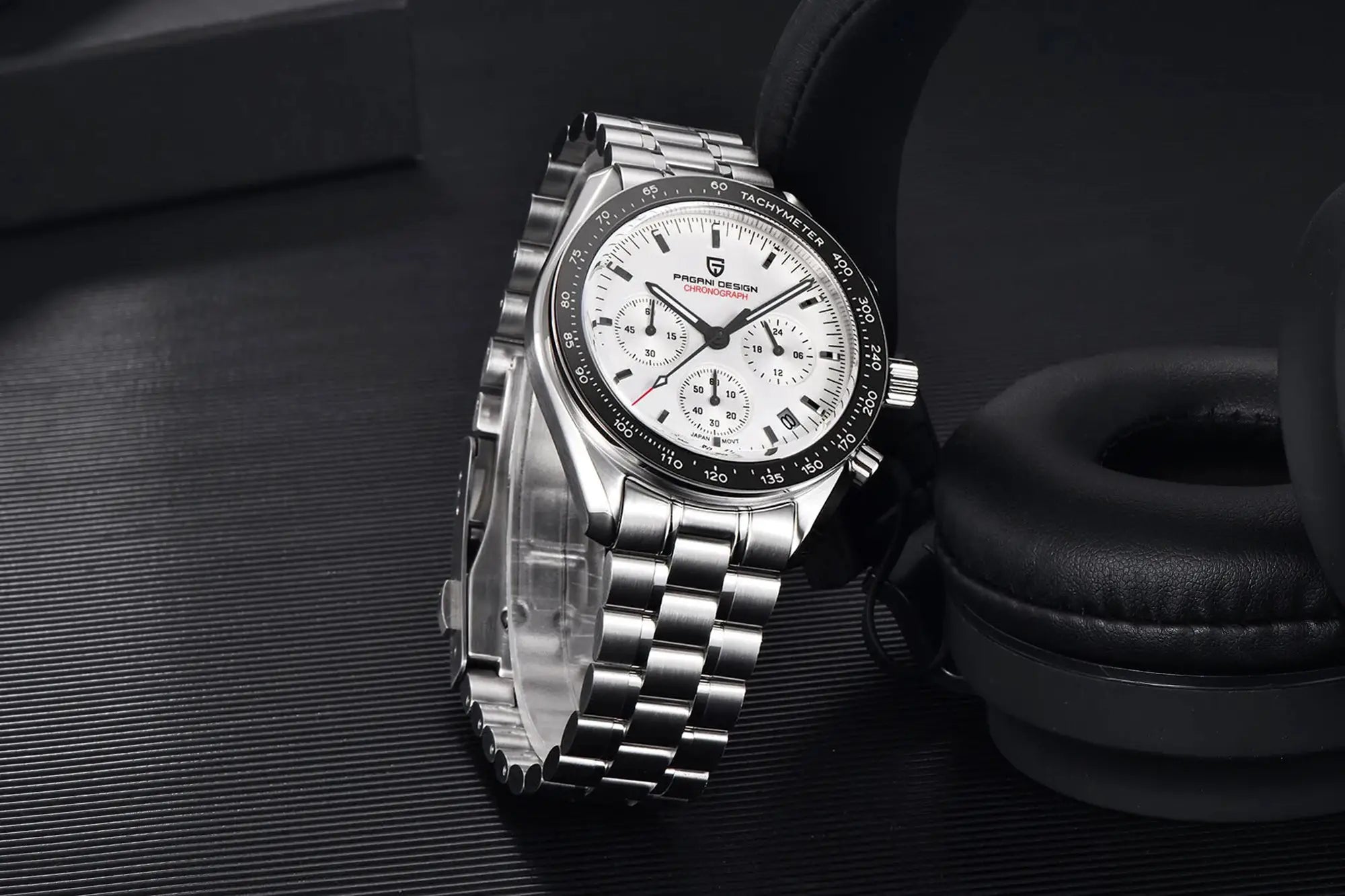 PAGANI DESIGN men's chronograph watch with stainless steel bracelet, white dial, tachymeter bezel