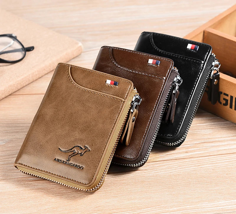 Three men's leather wallets with zippers in tan, brown and black by Simples Market