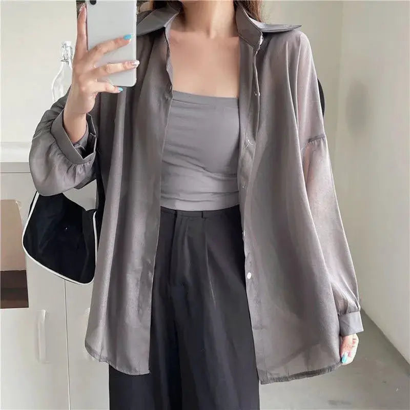 Women's gray chiffon shirt blouse with sheer long sleeves, loose-fit style