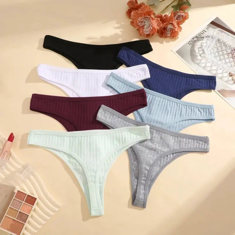 7-pack ribbed cotton women's G-string panties in assorted colors, low-rise thong underwear set