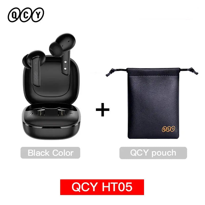 QCY HT05 wireless earbuds in black charging case; includes QCY pouch