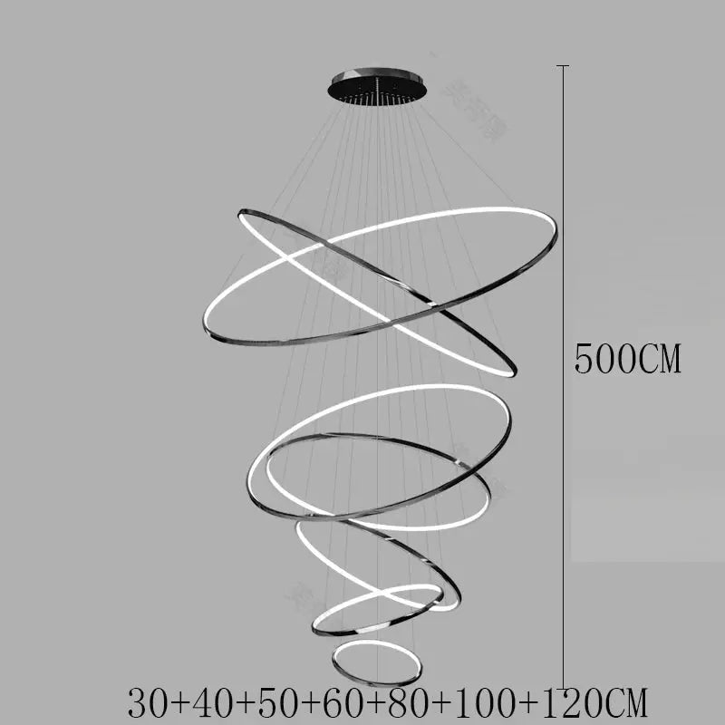 Pendant light Simples Market spiral LED chandelier with silver rings, ceiling-hung for living room and staircase