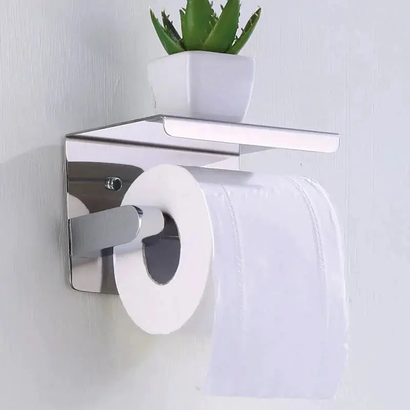Stainless steel wall-mounted toilet paper holder with top shelf and chrome finish