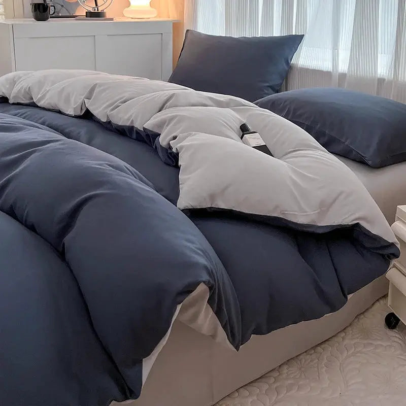 Simples Market 4-piece reversible duvet cover bedding set in navy blue and light gray brush fabric