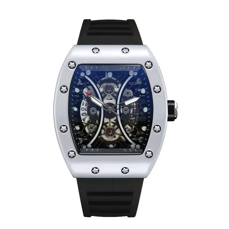 Light Luxury Brand Mens Wine Barrel Dial Quartz Watch with Night Glow and Calendar Durable Silicone Band