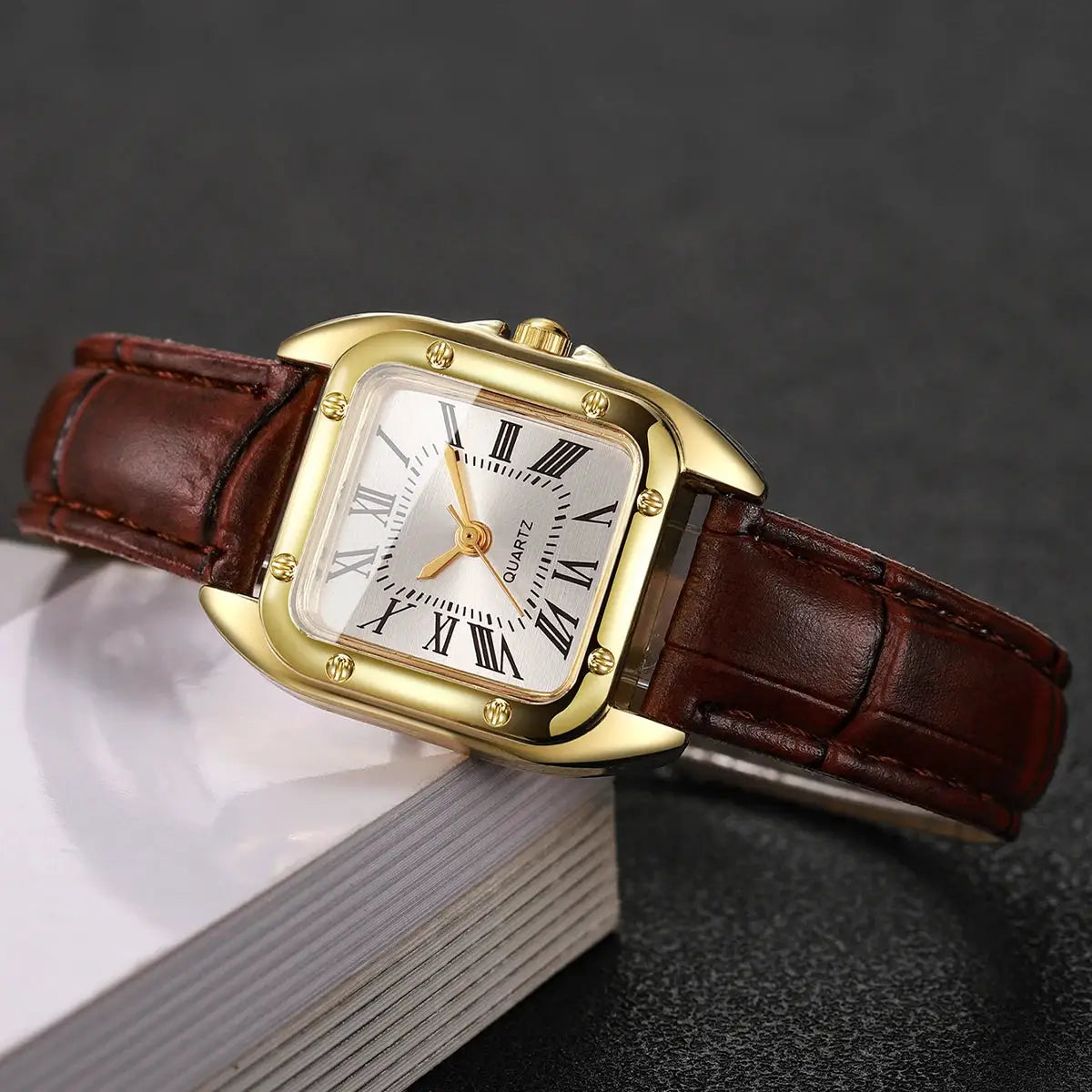 Wristwatch Simples Market square women’s leather strap quartz with Roman numerals, gold-tone case and brown band