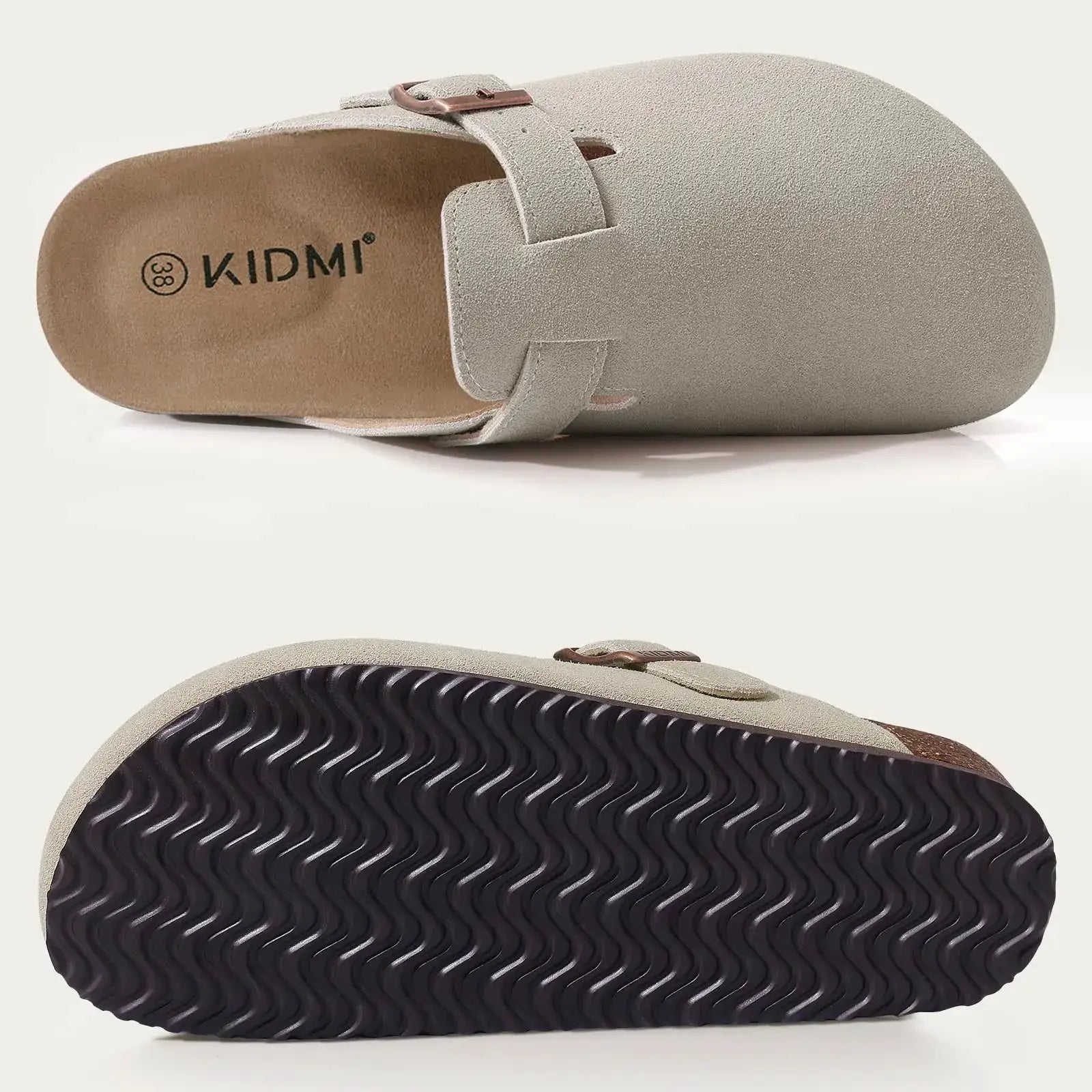 Beige suede clog with adjustable strap and cork footbed; KIDMI logo, black tread sole
