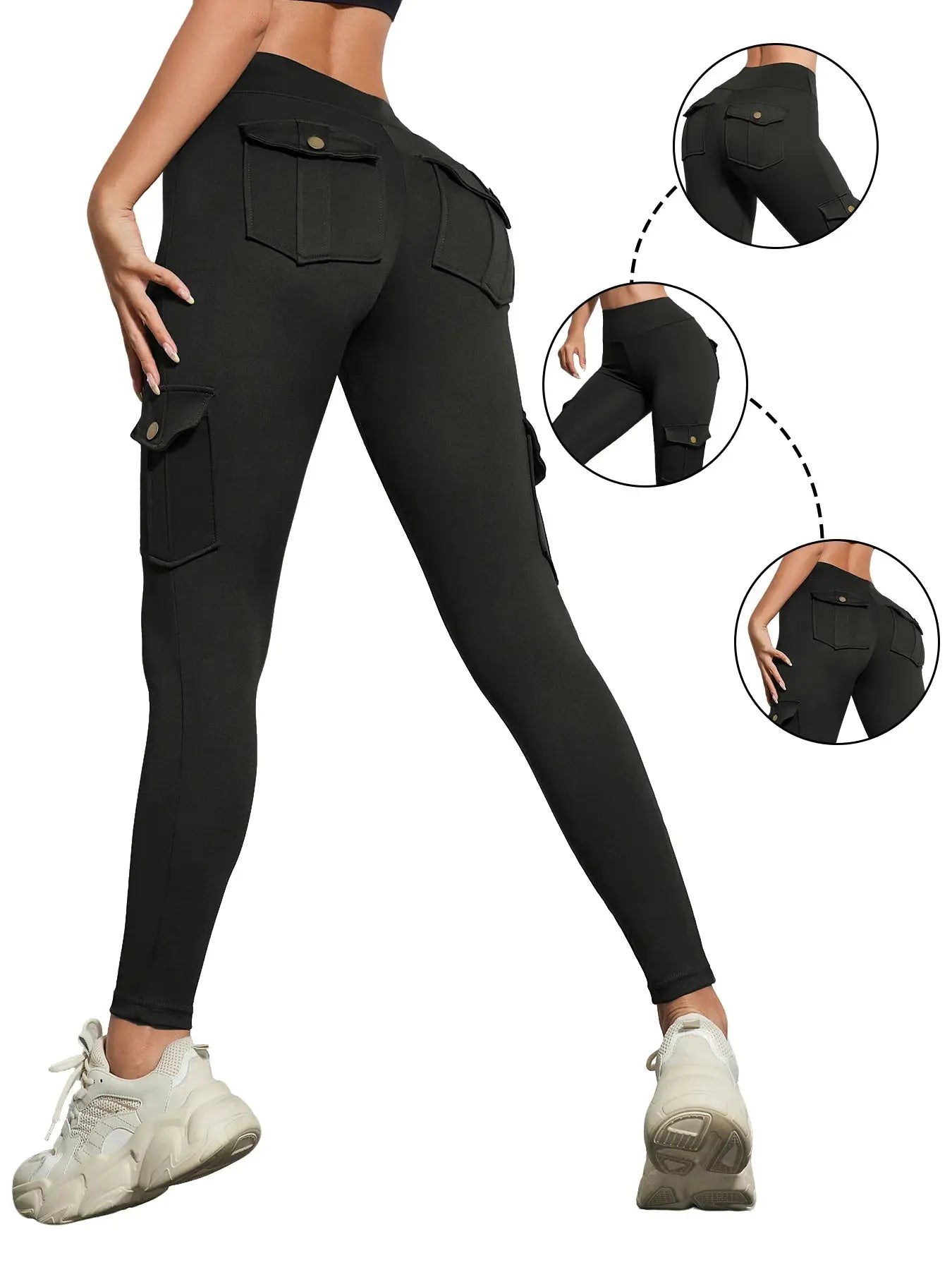 Simples Market women's black cargo leggings with multiple pockets and butt-lifting fit, athletic tights