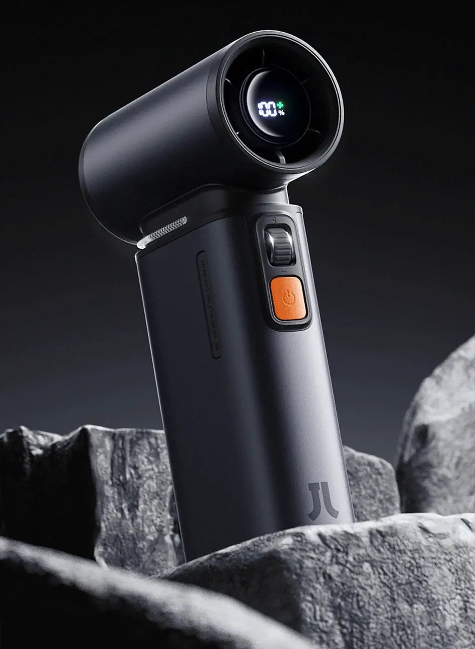 JISULIFE portable turbo handheld fan, black with orange power button and LED display, 9000mAh battery